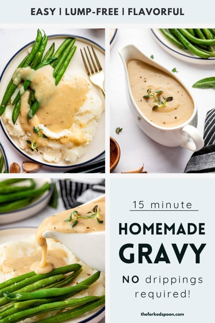 Collage of homemade gravy being poured, in a gravy boat, and served over vegetables
