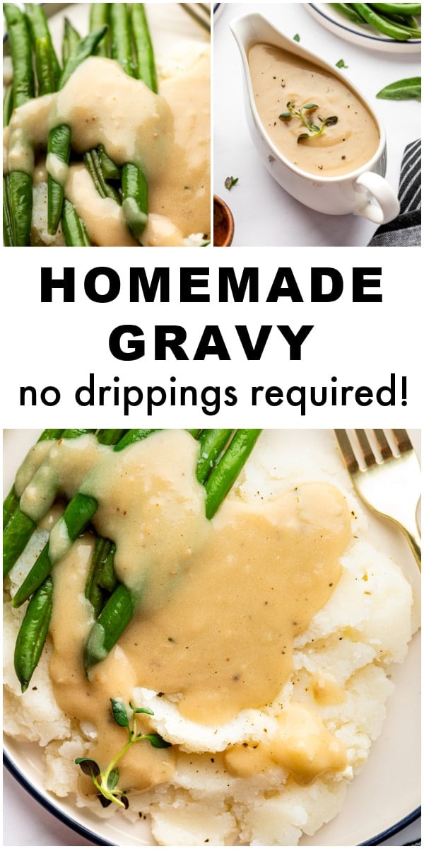 Close-up of smooth homemade gravy served over mashed potatoes and fresh green beans