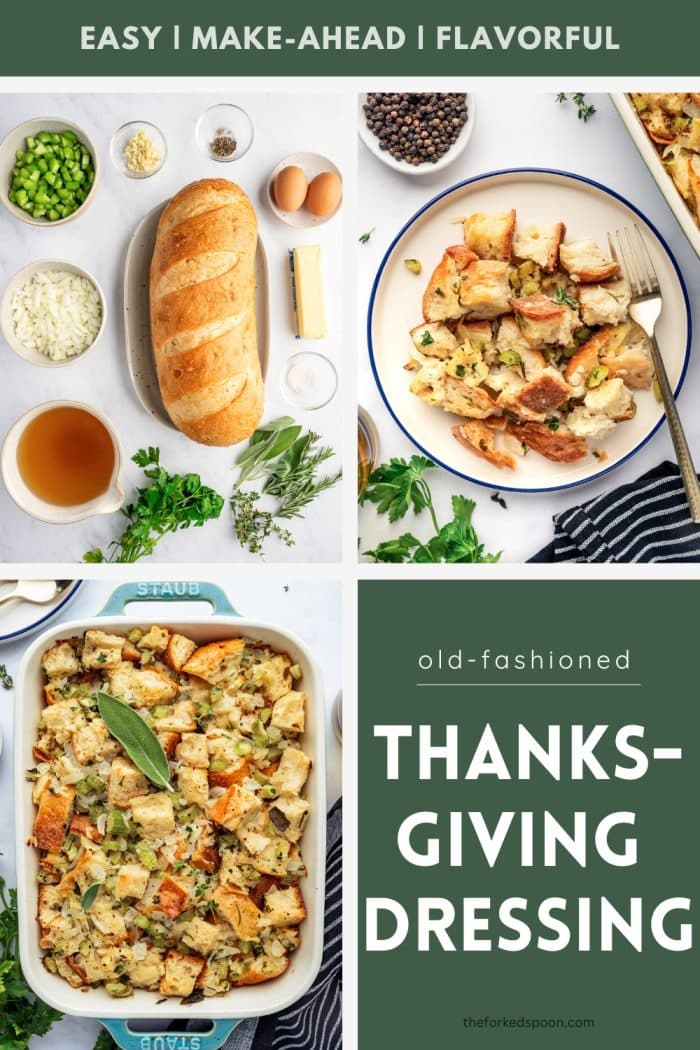 Overhead collage of old-fashioned Thanksgiving dressing showing ingredients, baked stuffing, and a serving on a plate.