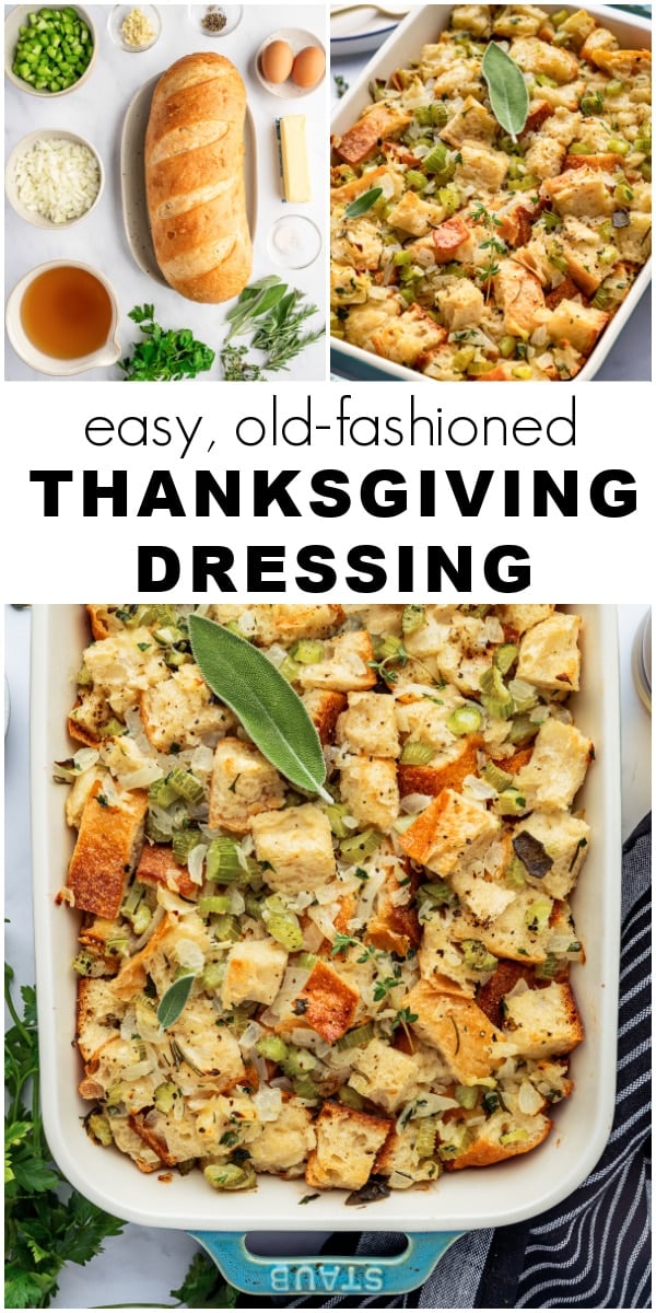 Easy old-fashioned Thanksgiving dressing in a blue Staub baking dish with fresh herbs.