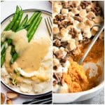 Collage of Thanksgiving side dishes featuring mashed potatoes with gravy and green beans next to sweet potato casserole topped with toasted marshmallows and pecans.