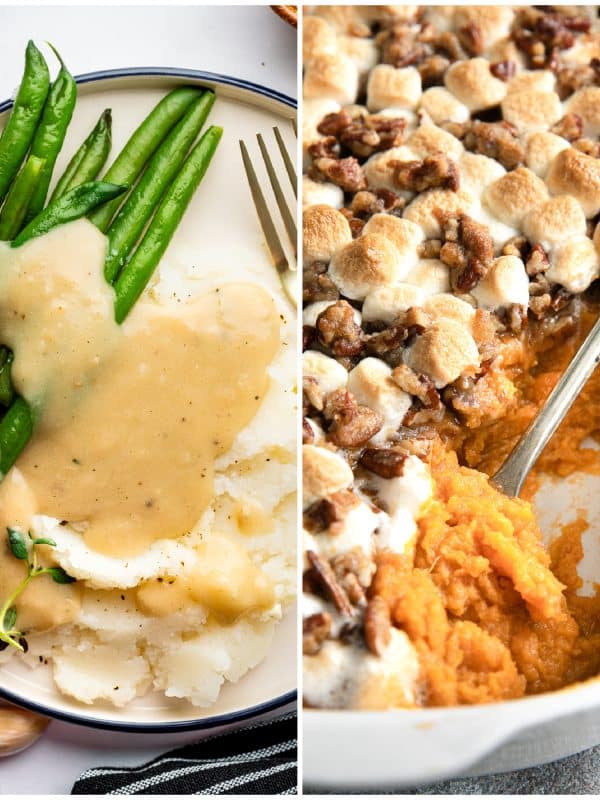 Collage of Thanksgiving side dishes featuring mashed potatoes with gravy and green beans next to sweet potato casserole topped with toasted marshmallows and pecans.