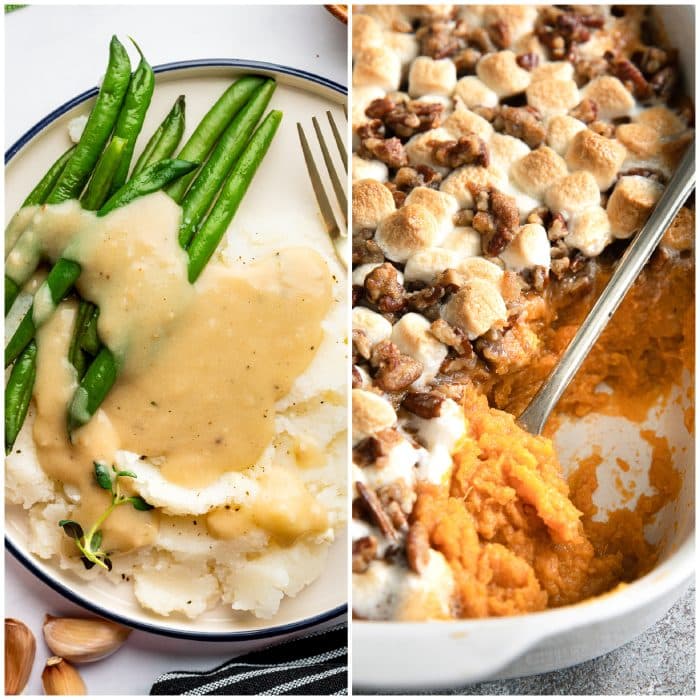 Collage of Thanksgiving side dishes featuring mashed potatoes with gravy and green beans next to sweet potato casserole topped with toasted marshmallows and pecans.