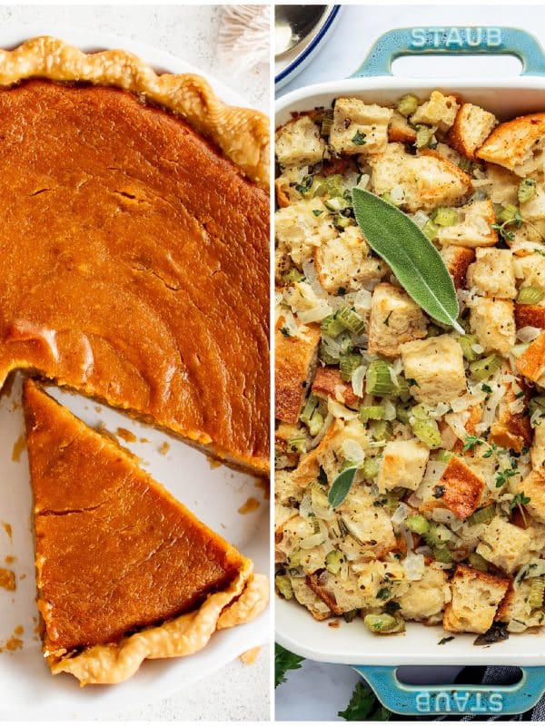 Two images in a collage; Left image is of homemade sweet potato pie and the right image is of classic Thanksgiving stuffing made with cubed bread, celery, onions, and fresh herbs baked in a blue Staub baking dish.