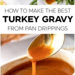A Pinterest-style collage featuring silky homemade turkey gravy poured from a spoon into a gravy boat and drizzled over sliced roast turkey with green beans โ highlighting the texture and rich, golden-brown color of turkey gravy made from pan drippings.
