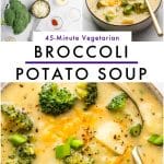 Vertical Pinterest pin collage on a white marble background. The top left image shows broccoli, a bowl of chopped onion, a bowl of shredded cheddar, a small bowl of flour, and other small bowls of seasonings arranged flat lay style. The top right image shows a gray bowl of creamy broccoli potato soup with broccoli florets, potato chunks, melted cheddar, sliced green onions, black pepper, and a gold-handled spoon. Across the middle is a white banner with purple text reading โ45-Minute Vegetarianโ above large black text reading โBROCCOLIโ and โPOTATO SOUP,โ separated by a purple line. The bottom image is a close-up of the soup with green onions, melted cheddar, and black pepper, with โtheforkedspoon.comโ printed near the bottom.