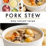 Pinterest pin featuring a collage for pork stew. The top row shows an overhead flat lay of ingredients in white bowls on a light gray surface (cubed raw pork shoulder, sliced mushrooms, baby potatoes, carrots, flour, broth in a glass measuring cup, and small bowls of seasonings), plus a close-up of creamy pork stew in a white bowl with baby potatoes, carrots, mushrooms, and green herb garnish. Center text overlay reads โPORK STEWโ with โeasy one-pot recipeโ underneath and a tan line. Bottom photo shows the finished stew in a white bowl on a wooden board with bread in the background and the small watermark โtheforkedspoon.comโ at the bottom.