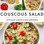 Vertical Pinterest image collage for couscous salad. The top section shows two overhead photos side by side: one with the salad ingredients arranged on a white surface, including cucumber, cherry tomatoes, garbanzo beans, pearl couscous, lemon, garlic, olive oil, and fresh herbs, and one with the finished couscous salad served on a large oval beige platter. The center of the image has a light gray text block with the black text overlay โCOUSCOUS SALADโ and smaller black text underneath that reads โWITH EASY LEMON DIJON DRESSING,โ separated by a thin pale pink line. The bottom section shows the finished couscous salad in a white bowl with gold serving spoons, cherry tomatoes, chickpeas, cucumber, red onion, and fresh dill, with theforkedspoon.com written across the bottom.