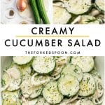 Vertical Pinterest-style collage for creamy cucumber salad on a light gray background. The top left image shows the labeled ingredients, the top right image shows a close-up of creamy cucumber salad with sliced cucumbers, shallots, dill, and black pepper, and the bottom image shows the finished creamy cucumber salad in a wide white bowl. Large black text in the center reads CREAMY CUCUMBER SALAD and THEFORKEDSPOON.COM with a thin gold line above the title.