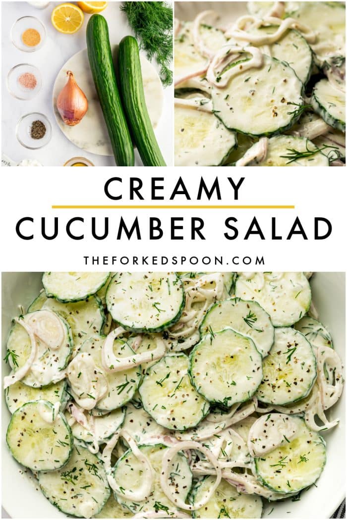 Vertical Pinterest-style collage for creamy cucumber salad on a light gray background. The top left image shows the labeled ingredients, the top right image shows a close-up of creamy cucumber salad with sliced cucumbers, shallots, dill, and black pepper, and the bottom image shows the finished creamy cucumber salad in a wide white bowl. Large black text in the center reads CREAMY CUCUMBER SALAD and THEFORKEDSPOON.COM with a thin gold line above the title.