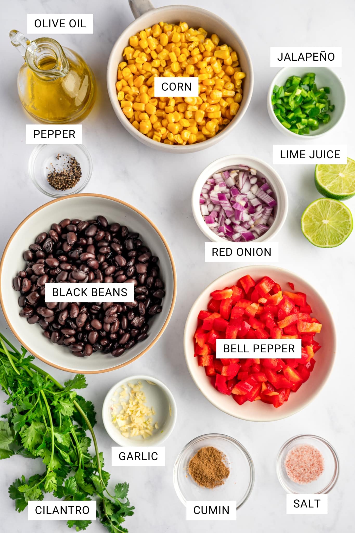 Overhead labeled ingredient image for black bean and corn salad showing olive oil in a glass bottle, corn in a beige bowl, diced jalapeño in a small white bowl, black beans in a white bowl, chopped red onion, diced red bell pepper, fresh cilantro, minced garlic, ground cumin, salt, black pepper, and lime juice with white text labels for each ingredient.