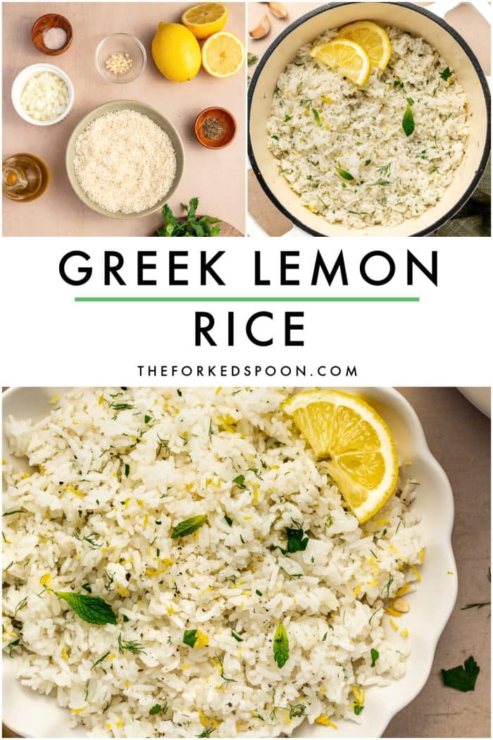 Pinterest collage for Greek lemon rice with ingredient and finished rice photos, large black text reading “GREEK LEMON RICE,” a green underline, and “THEFORKEDSPOON.COM” on a white background.