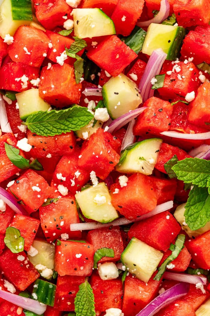 Extreme close-up of watermelon cucumber feta salad with juicy red watermelon cubes, pale green cucumber pieces, thin purple red onion slices, crumbled white feta cheese, chopped basil, fresh mint leaves, black pepper, and glossy honey-lime dressing.