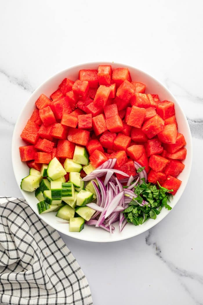 Cubed watermelon, chopped cucumber, thinly sliced red onion, and chopped fresh herbs arranged separately in a large white bowl on a white marble countertop with a black and white checkered towel beside it.