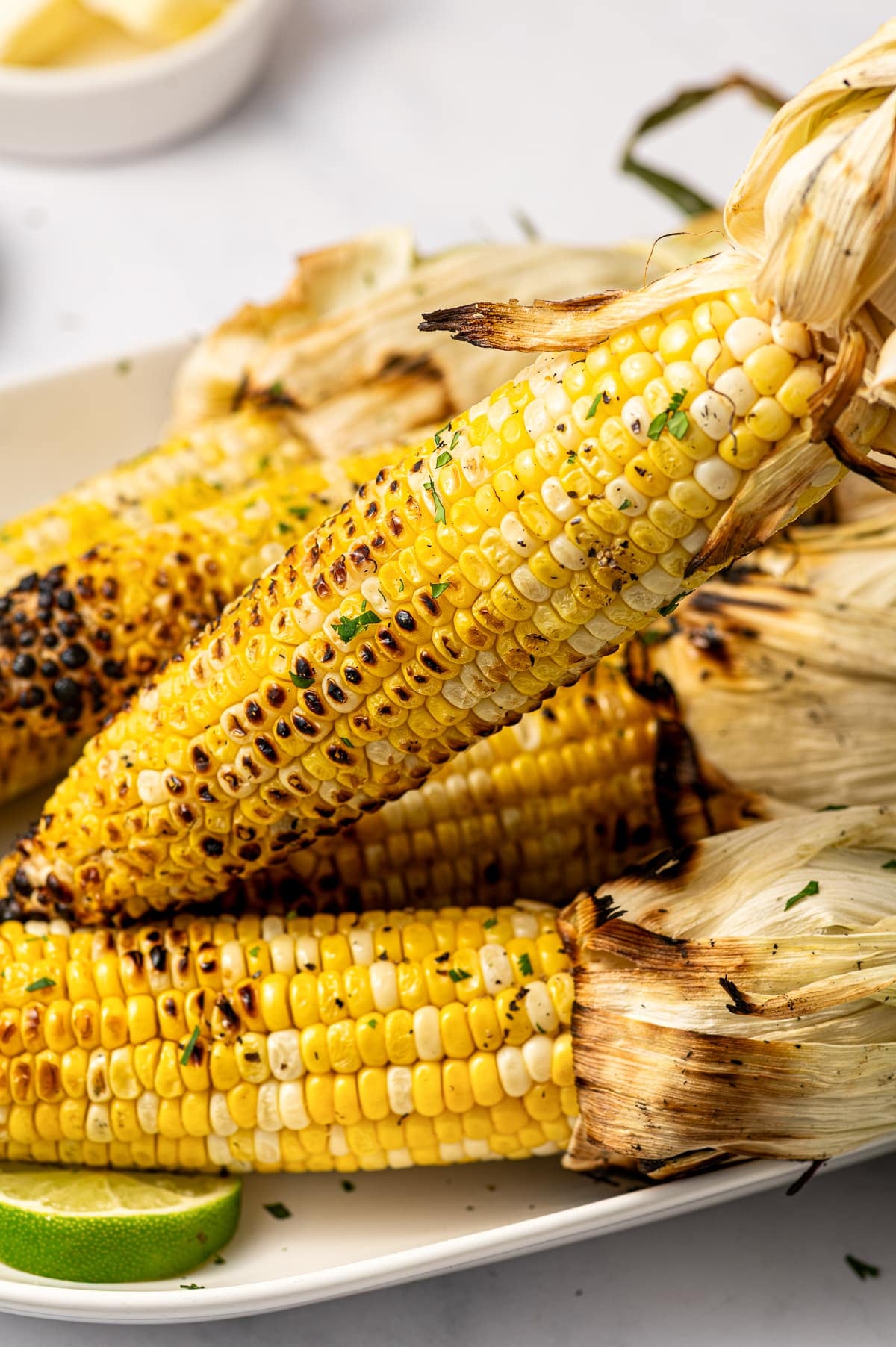 Close-up of grilled corn on the cob with charred yellow kernels, tied-back browned husks, chopped green herbs, black pepper, and a lime wedge on a white platter.