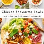 Vertical Pinterest collage with three top images showing golden turmeric rice, sliced chicken shawarma on a white platter, and cucumber tomato salad, followed by the text "Chicken Shawarma Bowls" and "with yellow rice, fresh veggies, and tzatziki" above a large finished bowl image and "THEFORKEDSPOON.COM" at the bottom.