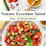 Vertical Pinterest collage featuring cucumber tomato salad ingredients, a white bowl of vinaigrette with a wooden-handled spoon, and the finished salad in a white serving bowl garnished with mint. Black text on a white band reads "Tomato Cucumber Salad" and "Easy, 10 Minute Recipe," with a yellow divider line and "THEFORKEDSPOON.COM" along the bottom.