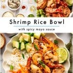 Vertical Pinterest collage featuring two images across the top: an overhead layout of shrimp rice bowl ingredients on the left and a spoon pouring spicy mayo over shrimp on the right. A large white center panel displays the black text "Shrimp Rice Bowl" above a thin aqua line and the smaller text "with spicy mayo sauce." The bottom image shows an ivory scalloped bowl filled with rice, browned shrimp, cucumber, carrots, edamame, green onions, sesame seeds, lime, and spicy mayo. Black text at the bottom reads "THEFORKEDSPOON.COM."
