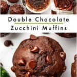 Pinterest collage featuring double chocolate zucchini muffins in four food photographs: finished muffins on a cooling rack, chocolate zucchini batter topped with chocolate chips in an off-white bowl, a broken-open muffin showing melted chocolate, and a close-up muffin beside a green zucchini. Black text on a white background reads "Double Chocolate Zucchini Muffins," with a green underline and "THEFORKEDSPOON.COM" along the bottom.