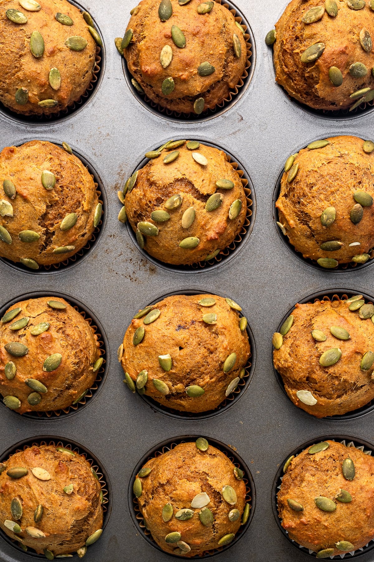 Freshly baked protein pumpkin muffins with tall golden-orange domed tops and green pepitas, shown close up in a dark gray metal muffin pan. The muffins have lightly cracked tops and are baked in brown paper liners.