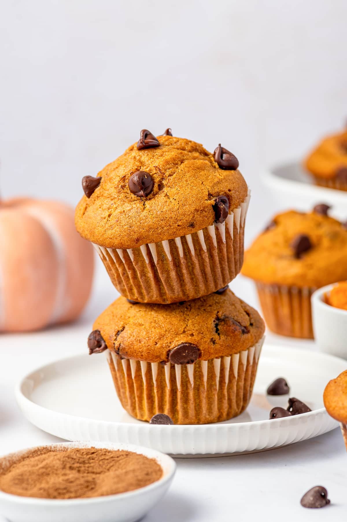 Two golden pumpkin chocolate chip muffins stacked on a round white plate, topped with semi-sweet chocolate chips, with additional muffins and a white bowl of pumpkin puree in the background, a pale pink pumpkin on the left, loose chocolate chips on the white surface, and a small white bowl of brown ground spices in the foreground.