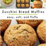 Pinterest collage for zucchini bread muffins featuring shredded zucchini being added to batter, twelve baked muffins in a dark gray muffin pan, stacked golden zucchini muffins, and a close-up of a sugar-topped muffin. Text overlay reads "Zucchini Bread Muffins" and "easy, soft, and fluffy," with THEFORKEDSPOON.COM along the bottom.