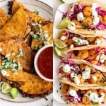 Two images side by side. On the left is an image of quesabirria tacos on a white plate, and the image on the right is of five shrimp tacos topped with Mexican crema and slaw.